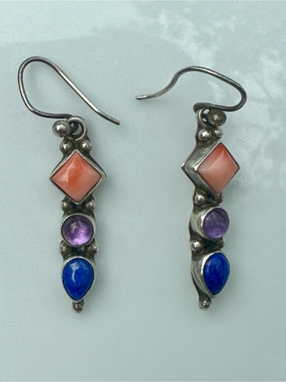 Vintage Navajo Sterling Silver Multi-Gem Dangle Earrings - Pink, Purple & Blue